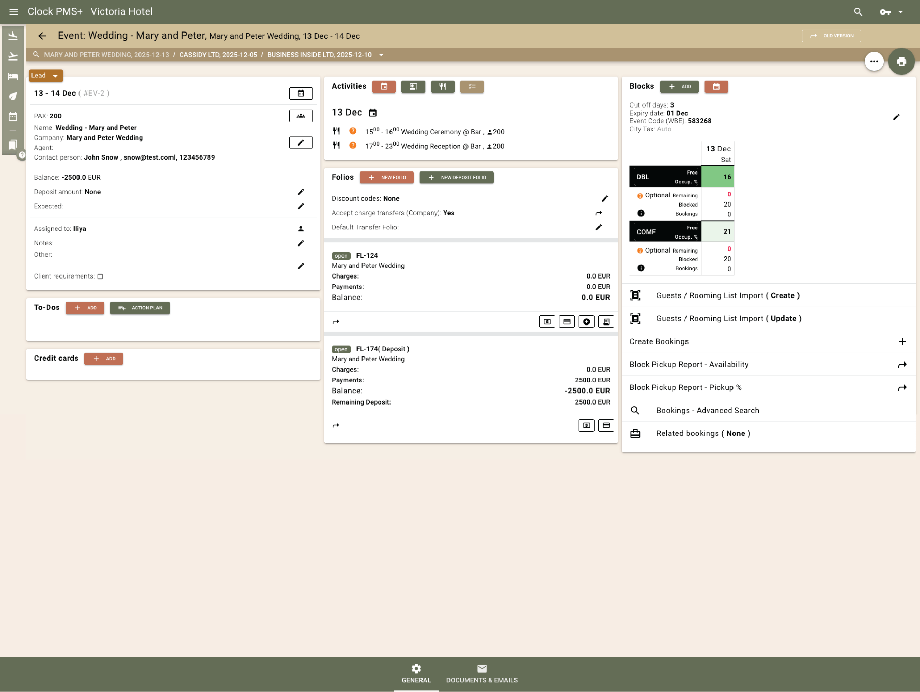 Manage events, room blocks and setups in one place